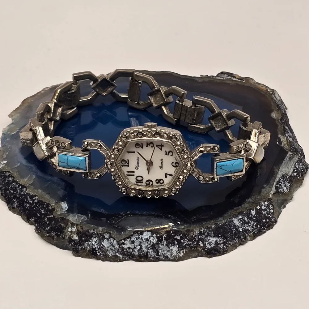Xanadu Quartz Japan Movement Faux Turquoise & Marcasite Vintage Watch